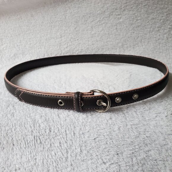 NEW Cole Haan Women\'s Brown Leather Skinny Belt Silver Buckle Contrast Stitch S main image 4